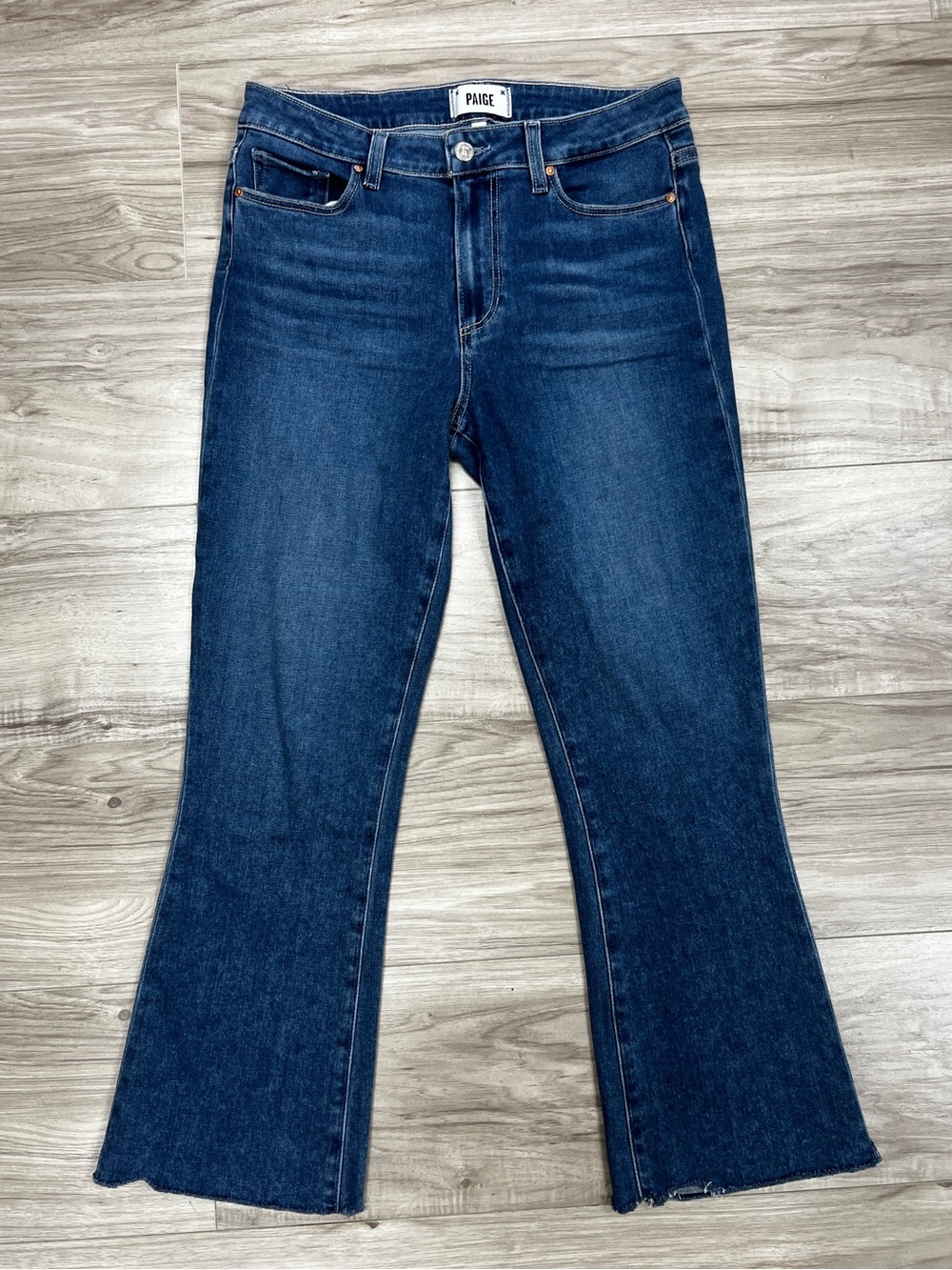 PAIGE Colette Crop Flare Jeans Raw Hem Blue Size 29
